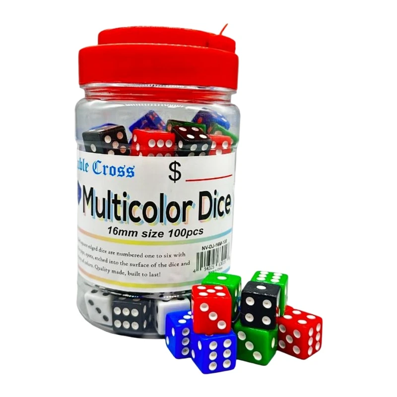 DOUBLE CROSS MULTICOLOR DICE 16MM SIZE 100CT JAR