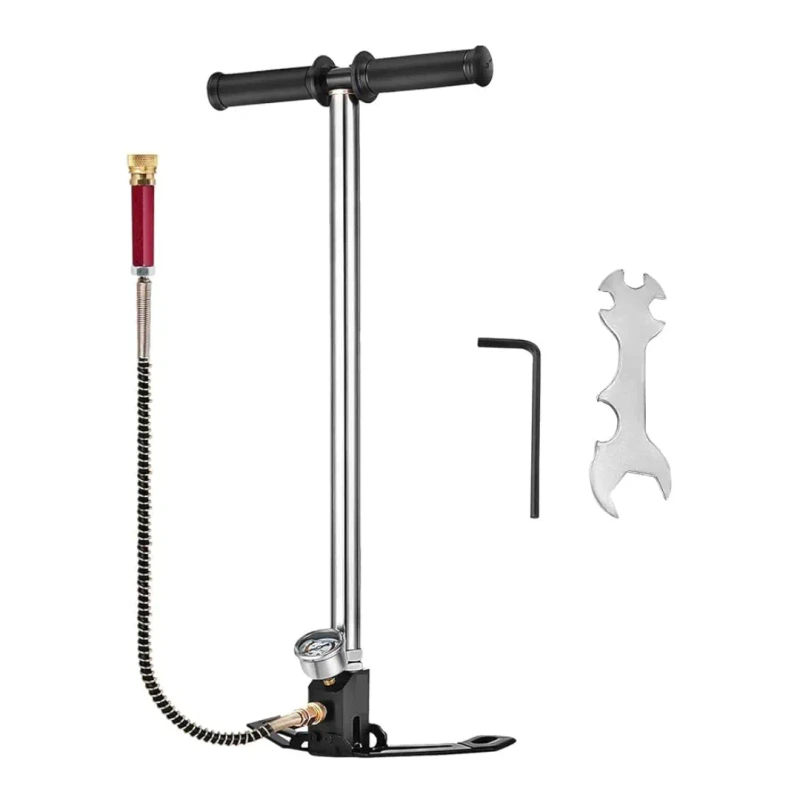 Airgunking 3 Stage Silver Colour Folding PCP Hand Pump with Pressure Gauge, Stainless Steel and Aluminium Construction, Non-Slip Grip, Foldable Base for Air Gun
