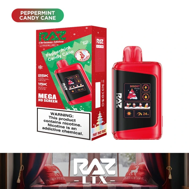 RAZ LTX 25000 PUFFS CHRISTMAS EDITION DISPOSABLE VAPE (BOX OF 5) — PEPPERMINT CANDY CANE
